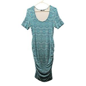 Tart‎ Maternity Ruched Bodycon Dress Womens M Blue Geometric Print Short Sleeve